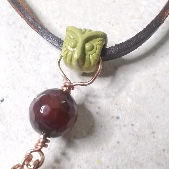 Handmade Owl Pendant: CatsEye + Fire Agate + Patina Paint + Real Leather Cord! - Picture 6 of 9